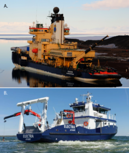 Figure 2. A. Swedish icebreaker I/B Oden on the Greenland coast (Photo by Martin Jakobsson, SU). B. SU’s new Baltic Sea research vessel R/V Electra (Photo by Östersjöncentrum, SU).